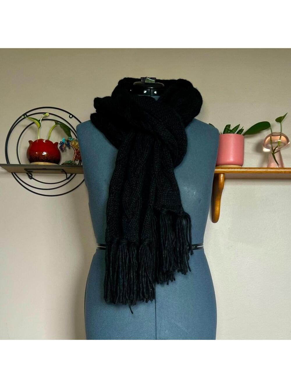 Torrid Black Chunky Knit Cable Scarf Long Fringe Cozy Winter Oversized